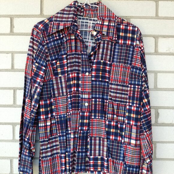 Vintage 60s 70s Plaid Patchwork Shirt 43"B Butterfly Collar Moonglow Buttons - Picture 2 of 12